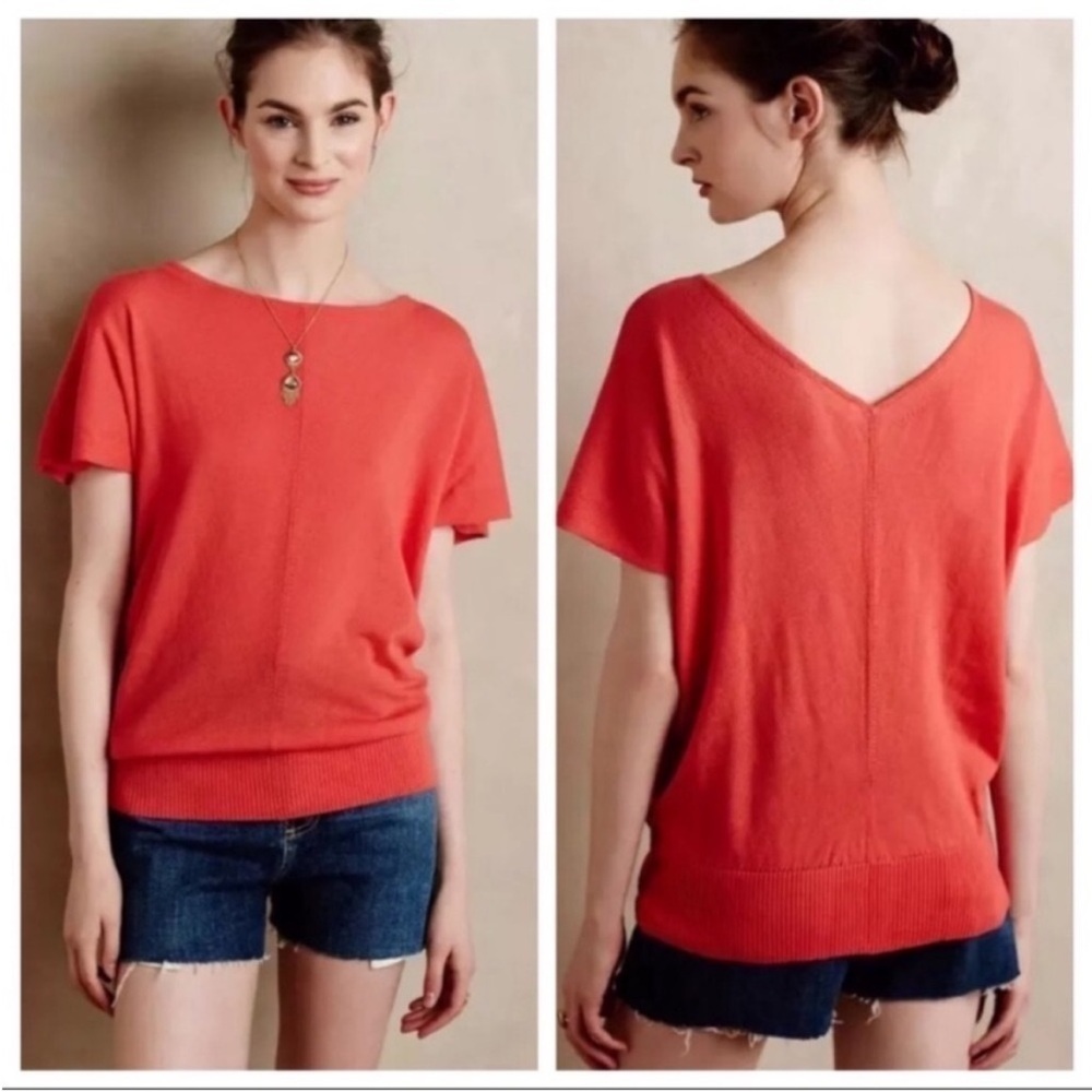 Anthropologie Moth Vibrant Coral Knit Top Dolman short sleeve Large